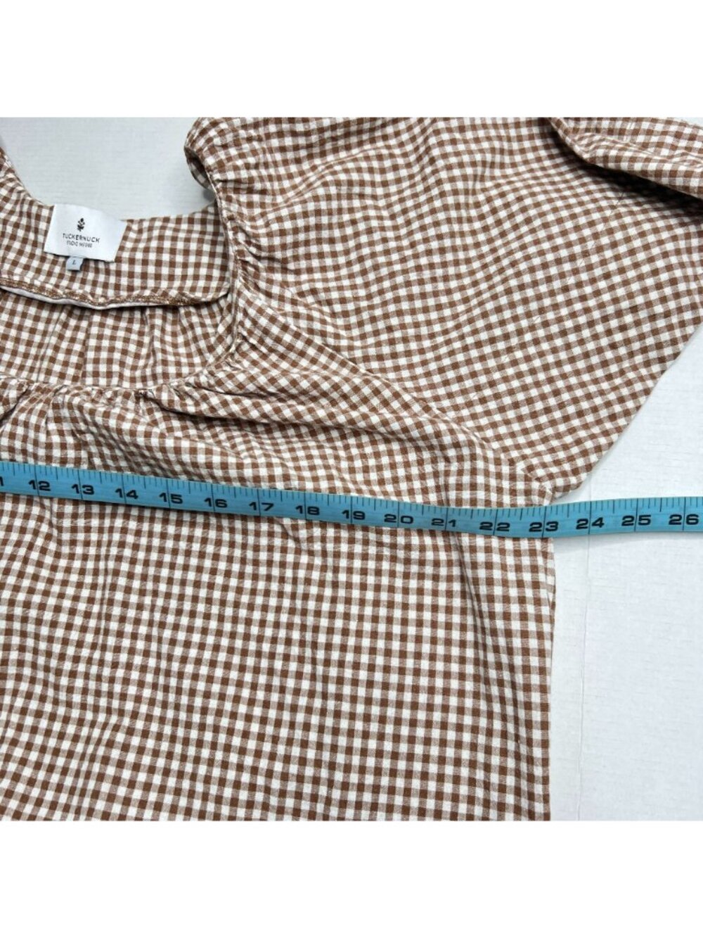 Tuckernuck Studio McGee Gingham Mini Finn Dress Cotton Brown Plaid Shift Large - Picture 10 of 16